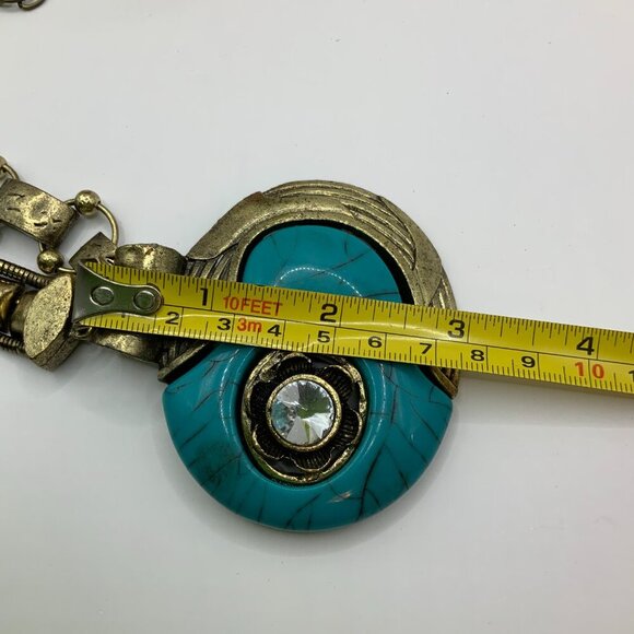 Retro Artisan Style Oversized Faux Turquoise Pendant Mixed Metals Boho Necklace - Picture 9 of 9